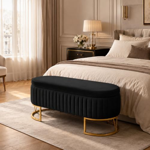 Velvet Storage Bench for Queen Size Bed, 46'' Black Oval Ottoman, Gold Legs