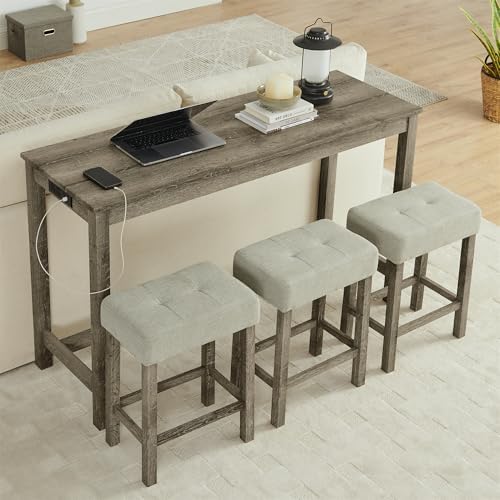 Merax 59" Bar Table Set with Power Outlet,Industrial Breakfast Table with 3 Upholstered Stools w/Footrest,4 Piece Counter Height Bar Table and Chair Set for Living Room,Dining Room,Kitchen,Brown