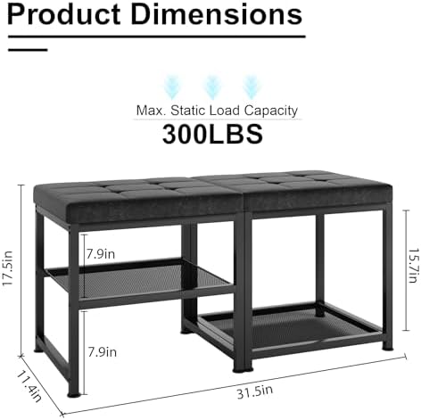 DreamDashio Set of 2 Small Shoe Storage Benches with PU Leather Cushion, 3-Tier Shoe Rack Organizer for Entryway, Metal Mesh Shelves, Holds Up to 300 lbs, Black (31.5"x11.4"x17.5")