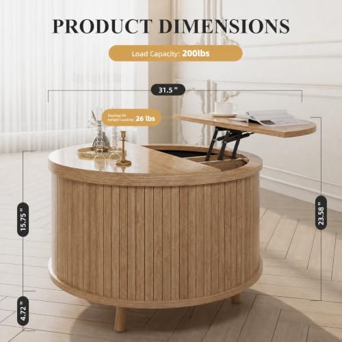 Easyego Lift Top Coffee Table for Small Spaces, 31.5" Mid-Century Modern Wooden Round Table with Storage, Circle Fluted Center Table for Living Room, Work from Home & Apartment, Natural