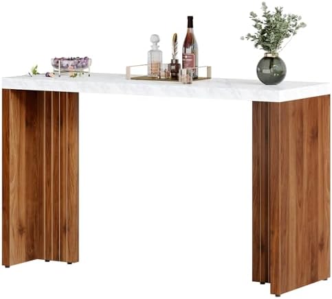 Tribesigns 55.12-Inch Bar Table, Modern Counter Height Pub Table with a Faux Marble Tabletop, Rectangular Home Coffee Bar Unit for Kitchen, Dining Room, Living Room, Balcony, Basement, Walnut & White