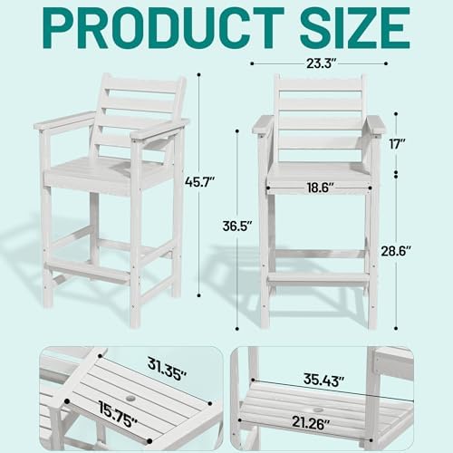 PLUUV Tall Adirondack Chairs Set of 2 with Double Table Trays, White