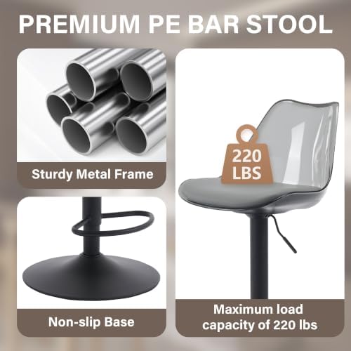 Clear Bar Stools Set of 2, Adjustable Swivel Counter Height Stools, Grey