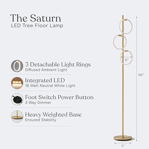 Brightech Saturn Floor Lamp, Great Living Room Decor, Tall Contemporary Standing Tree Light for Offices, Living Rooms, with 3 LED Heads for Bedroom Reading - Gold/Brass