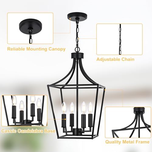 4-light farmhouse lantern chandelier, black pendant light fixture on a desk or shelf