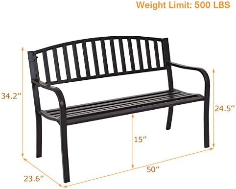 Giantex Outdoor Bench, 50” Patio Garden Bench with Steel Frame, Slat Design, 500 Lbs Weight Capacity, Patio Seating Bench for Porch, Backyard, Poolside, Outside Decor Furniture, Park Loveseat, Black