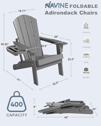 NAVINE Folding Adirondack Chairs Set of 4 with 4-in-1 Cup Holder, Grey