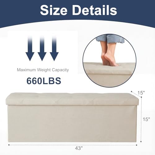 DUMOS 43 Inch Folding Storage Ottoman Bench, Large Ottoman with Storage