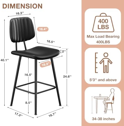 Raynesys 24-Inch Leather Bar Stools Set of 2 with High Backrest, Black