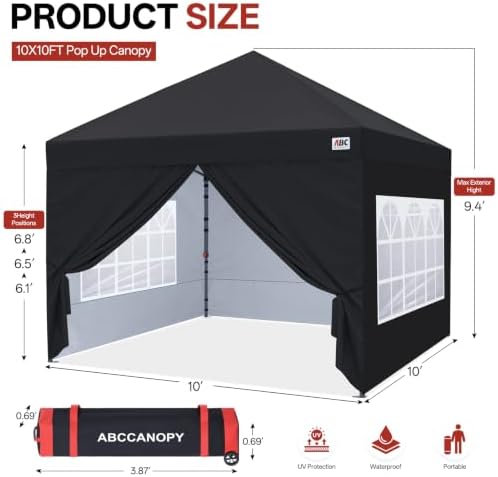 ABCCANOPY 10x10 Pop Up Canopy Tent, Enclosed with Zippered Walls, Black