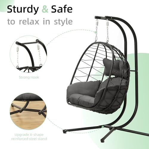 Double Egg Chair with Stand Hammock Swing Chair Foldable Hanging Loveseat, UV Resistant Removable Cushions, 700LBS Capacity for Bedroom, Balcony, Garden(BK-GR)