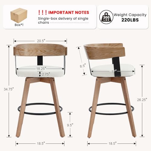 DUOMAY Swivel Bar Stools Set of 1, 26" Counter Height Counter Stool with Footrest Modern Wood Barstool with Linen Upholstered Seat for Kitchen Island Home Bar, White