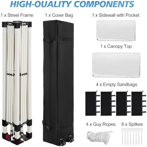WEIZE 10x10 Pop Up Canopy Tent, 1-Button Push Setup Canopy Tent with 1 Sidewall, Adjustable Height Instant Portable Shelter, Portable Roller Bag,Easy Outdoor Sun Shade for Events,4 Weight Bags,White