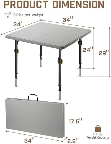 FanttikOutdoor Folding Card Table 34" Square, 2 Heights, Picnic Party Game