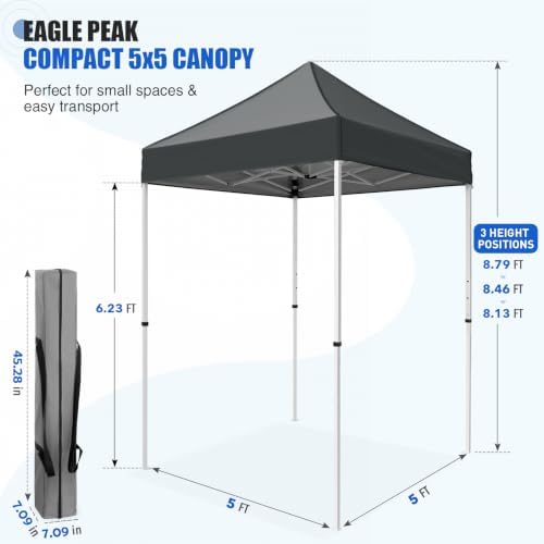 EAGLE PEAK 5x5 Pop Up Canopy Tent Instant Outdoor Canopy Easy Set-up Straight Leg Folding Shelter, Gray