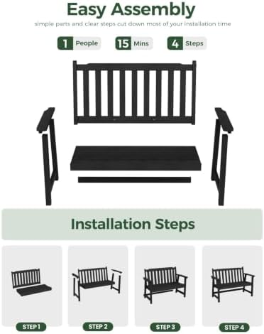 48" HDPE Weatherproof Outdoor Bench, Garden Porch Benches, Black