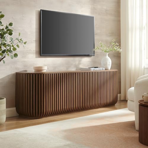Modway Fortitude 75" Fluted Curved Sideboard Buffet with 4 Doors in Walnut – Modern Media Console TV Stand with Adjustable Shelves and Cable Management – Office Credenza Storage Cabinet