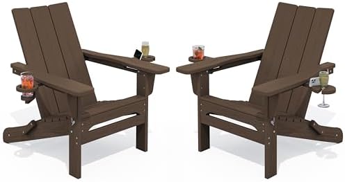 SERWALL HDPE Modern Folding Adirondack Chairs Set of 2, Cup Holders, Coffee