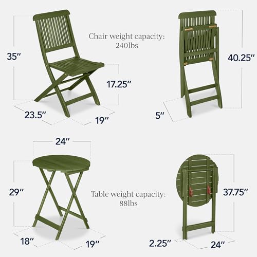 Best Choice Products 3-Piece Acacia Wood Bistro Set, Folding Patio Furniture for Backyard, Balcony, Deck w/ 2 Chairs, Round Coffee Table, Teak Finish - Olive