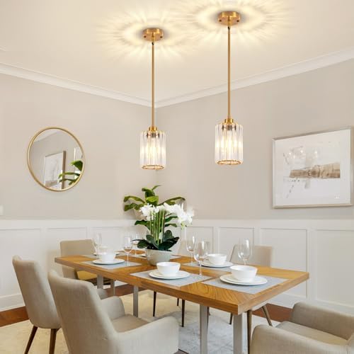 2 Pack Brushed Gold Pendant Light Fixtures Modern Crystal Kitchen Lighting