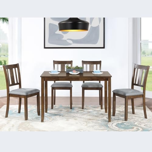 RuiSiSi Farmhouse 5 Piece Dining Table Set for 4, Solid Wood Rustic Kitchen Table with 4 Upholstered Chairs, Wood 5 Piece Dinette Table Set for Dining Room, Living Room, Kitchen, Walnut