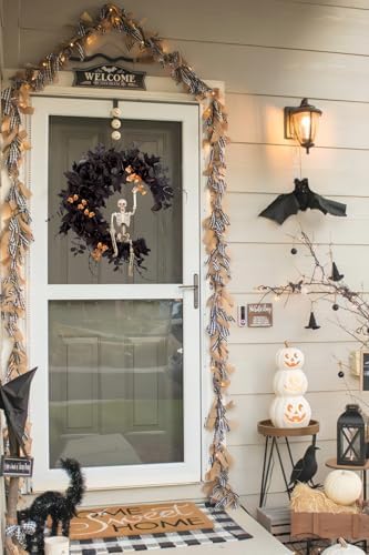 20" Pre-lit Halloween Black Moon Wreath with Poseable Skeleton, Handmade Halloween Wreath Decor for Home Front Door Porch Wall Hanging