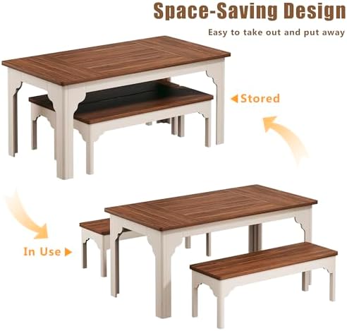 HUAHUU 63" Farmhouse Dining Table Set for 4-6, Kitchen Table with 2 Benches, Space Saving 3-Piece Rectangle Wooden Dinette Table Set for Dining Room, Breakfast Nook, Small Space, Brown & White