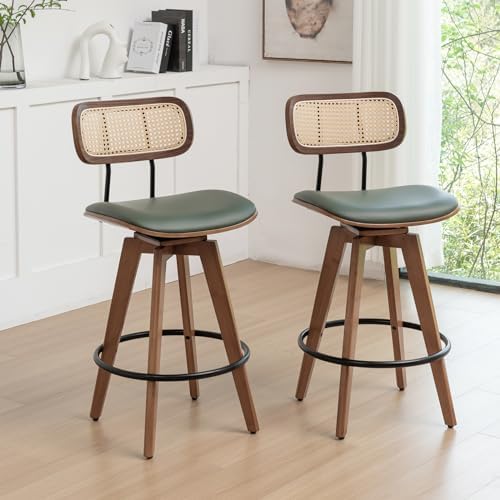 26" Rattan Bar Stools Set of 2,Faux Leather Counter Height Swivel Barstools with Rattan Backrest/Wooden Legs,Armless Mid Century Modern Bar Chairs for Kitchen/Dining Room/Bar Chairs,Green PU