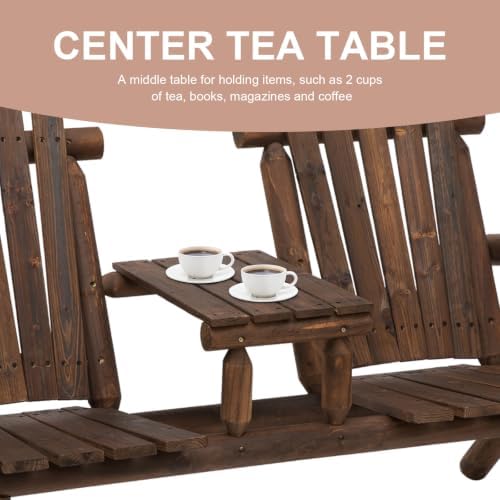 Outsunny 2-Seat Wooden Adirondack Chair Patio Bench with Table Carbonized