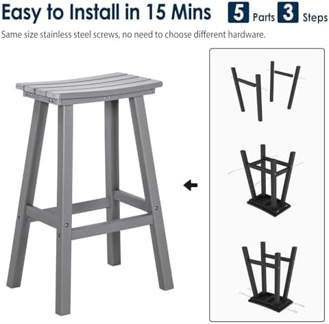 nalone 29 Inch Outdoor Bar Stools Set of 2, HDPE Bar Chairs with Footrest, Weather Resistant Barstools Outside Counter Height Stools for Yard, Balcony (Grey, 29'' Barstools Set of 2)