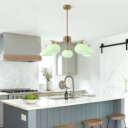 KCO Lighting Green Glass Pendant Light 5 Light Large Globe Chandelier Brushed Brass Sputnik Chandelier Mid Century Modern Chandelier Light Fixture for Dining Room Bedroom