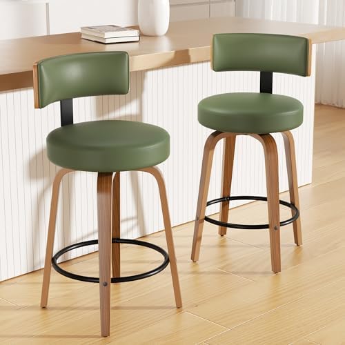 Swivel Bar Stools Set of 2, 26" Faux Leather Upholstered Counter Height Bar Stools with Back and Bentwood Legs, Mid Century Modern Bar Chairs Island Stools for Kitchen Counter, Green