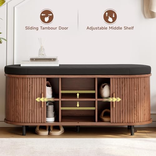 ONBRILL 43" Shoe Bench with Storage, Fluted Shoe Storage Bench, Walnut