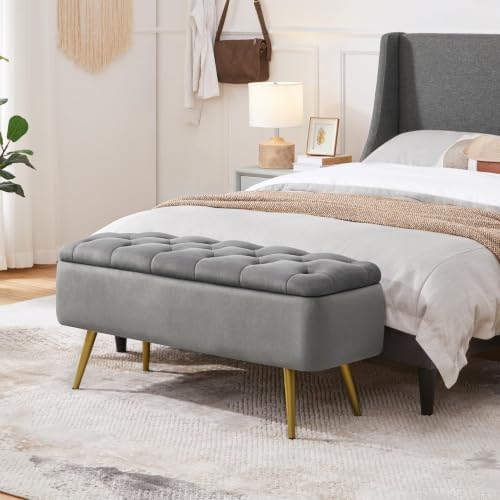 Yaheetech Storage Ottoman Bench for Bedroom, Velvet End of Bed Bench, Gray