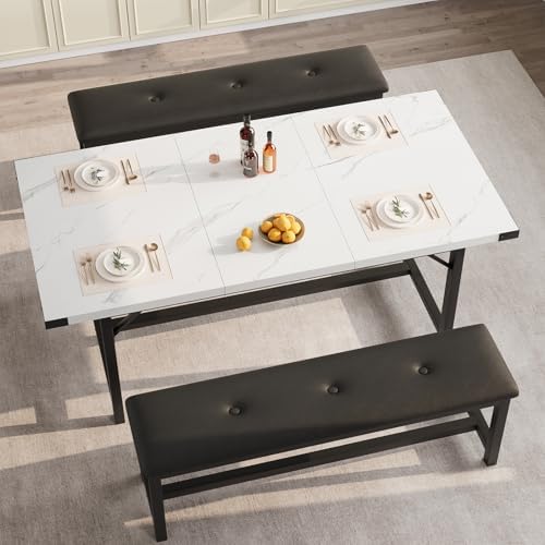 IDEALHOUSE 3 Piece Dining Table Set for 4-6, 63" Extendable Thick Metal Frame Kitchen Table with 2 Upholstered Benches Set for 6, Rectangle Wooden Dinette Table Set for Dining, Apartment, Marble White