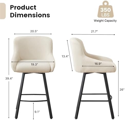 Swivel Bar Stools Set of 2, 26" Counter Height Barstools Beige