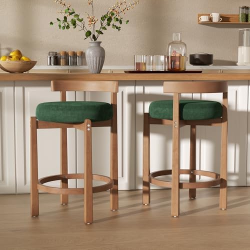 Bar Stools Set of 4, 26" Upholstered Counter Height Bar Chairs, Mid Century Modern Barstools Low Back Round Counter Stools with Wood Legs for Kitchen Island, Green