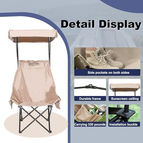 YOUNG WOOD Portable Camping Chair Beach Chair with Shade Canopy, Fold Lightweight Oversized Suit for All, Easy to Open,Close Without Installation, Side Pocket Design for All Outdoor Activities,Khaki