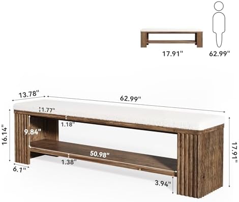 63" Solid Wood Entryway Bench, Farmhouse Upholstered End of Bed Bench with Removable Faux Lambswool Cushion and Fluted Legs, Indoor Long Ottoman for Bedroom, Entryway, Dark Brown