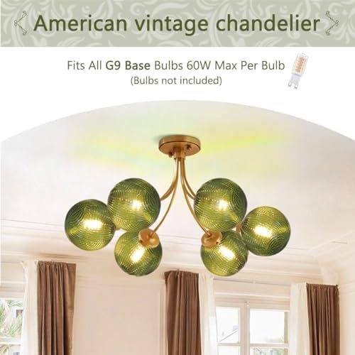 mid century 6-light gold chandelier green flush mount, close-up detail