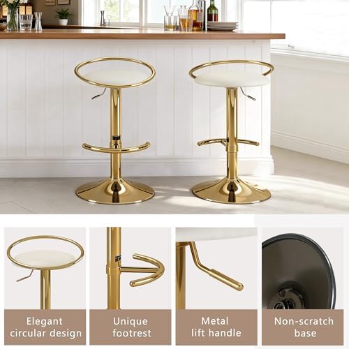 Bar Stools Set of 2, Adjustable Swivel Counter Stools with Upholstered Seat, PU Leather Counter Height Barstools for Bar, Kitchen Island, Dining Room, Gold