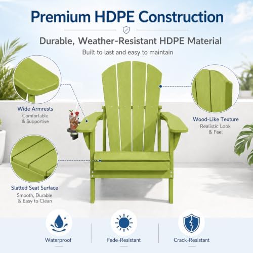 Folding Adirondack Chairs Set of 6 with Cup Holders, Heavy Duty HDPE Plastic Outdoor Chairs, Weather Resistant Heavyweight Patio Furniture Set for Deck, Fire Pit, Backyard, Apple Green