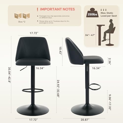 COLAMY Bar Stools Set of 4, Modern Swivel Bar Chairs, Adjustable PU Leather Upholstered Barstools Counter Height with Full Backrest for Bar, Dining Room, Kitchen Island, Black