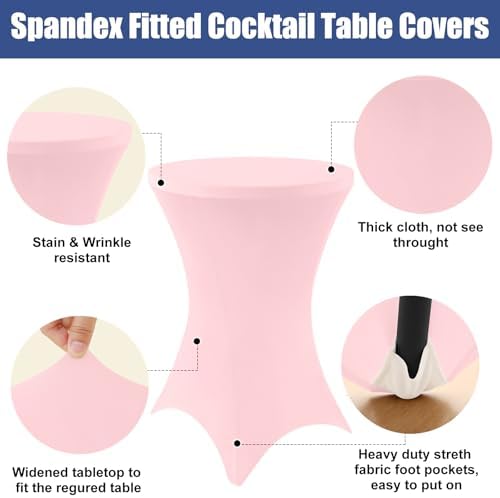 Moosfor Spandex Cocktail Table Covers 4 Pack, Elastic Fitted Stretch Table Cloth, Round High Top Tablecloths for Bar, Party, Pub, Wedding & Banquet (Pink, 32x43 Inch)