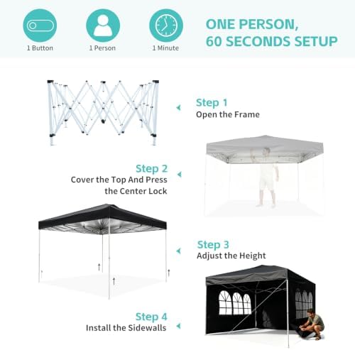 10x10 One Push Pop Up Canopy Tent with Vented Roof, Black