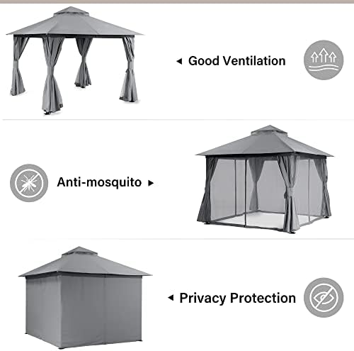 LAUSAINT HOME 10x10 Gazebo Canopy, Heavy Duty Metal Frame Patio Canopy with 180G Water-Resistant Canopy, Double Roof, Mosquito Netting & Privacy Curtains for Backyard, Garden, Lawn, Gray