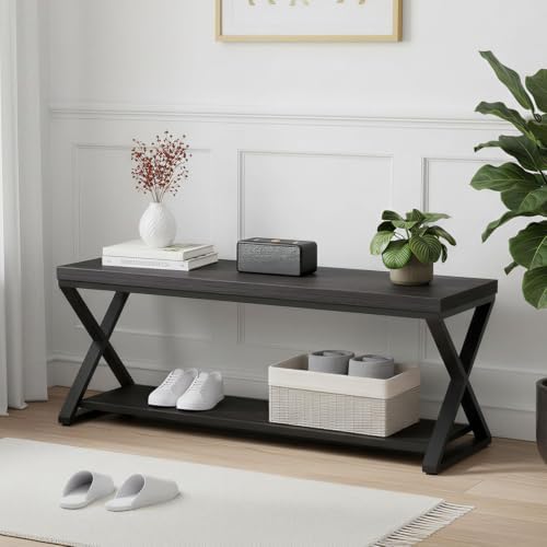IBF Rustic Entryway Bench with Storage, Black Wood and Metal Bench