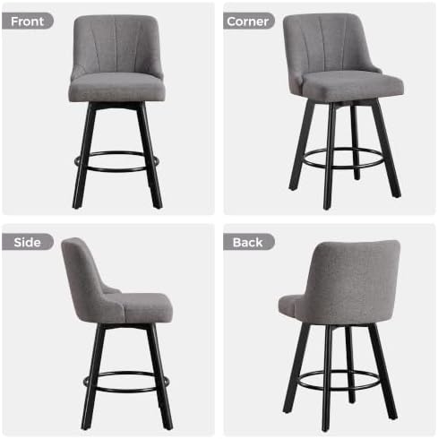 Swivel Bar Stools Set of 2,24" Upholstered Counter Height Bar Chairs with Back and Solid Wood Legs for Kitchen Island Fabric (Navy Blue)