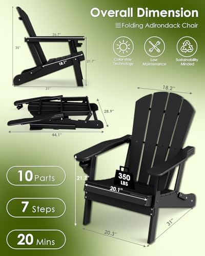 GREENVINES Folding Adirondack Chairs Set of 2 w/Cup Holder, HDPE, Black