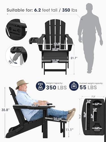 KINGYES Adjustable Folding Adirondack Chair with Footrest & 4-in-1 Multi-Functional Armrest Organizer Set of 2, HDPE Foldable Recliner Adirondack Chair with Pull-Out Ottoman, Black